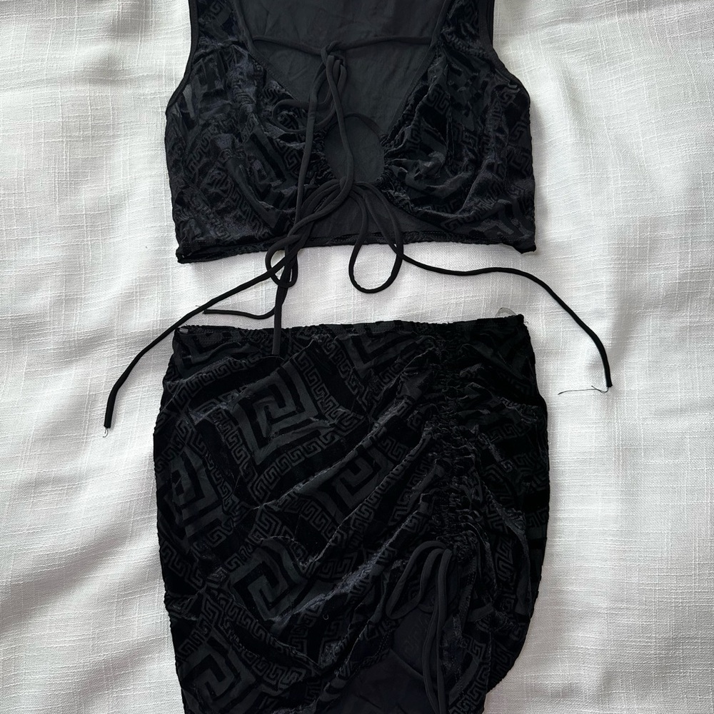 Black Velvet Two-Piece Crop Top & Skirt Set